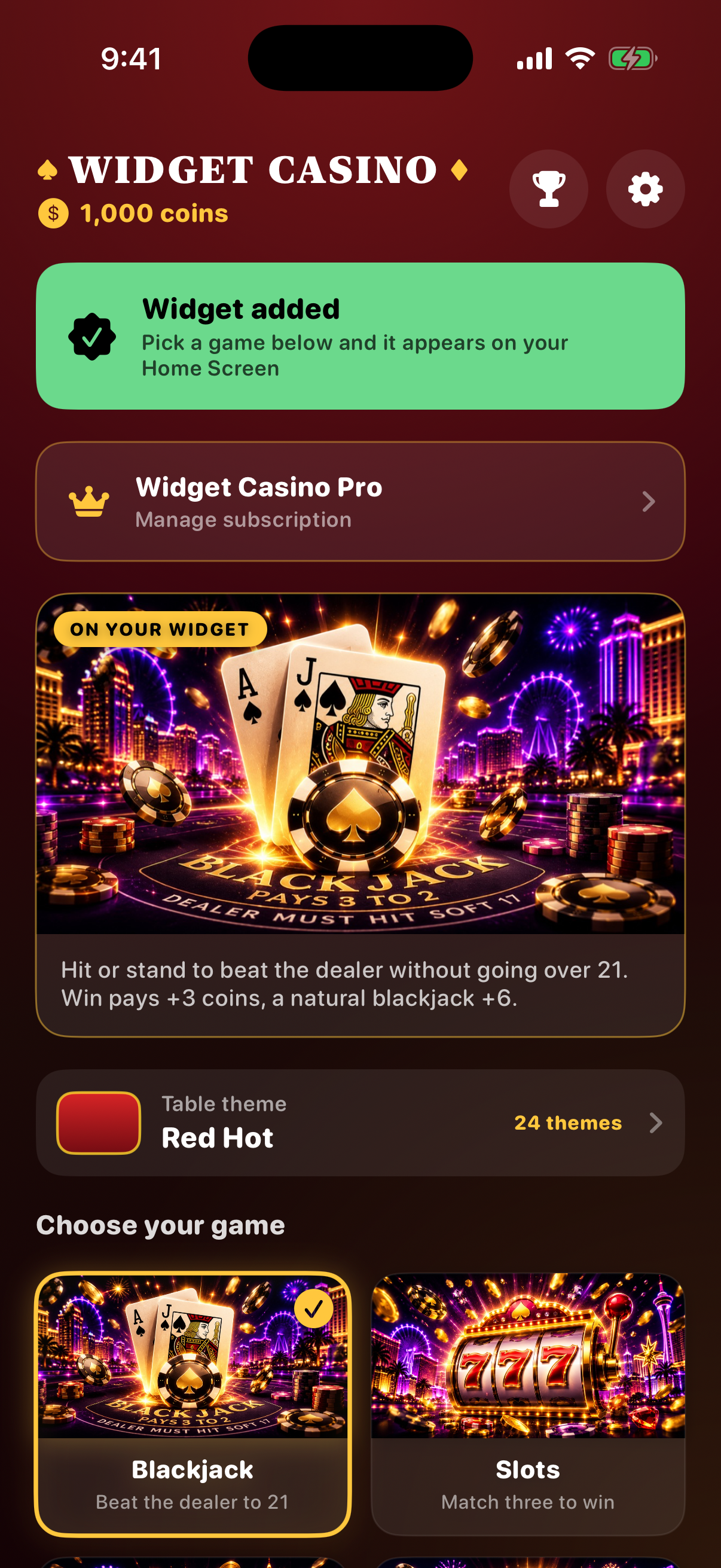Widget Casino app home screen